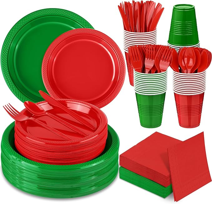 Aodaer 400 Pieces Christmas Party Supplies Red Green Plastic Dinnerware Include Plates Cups Knive... | Amazon (US)