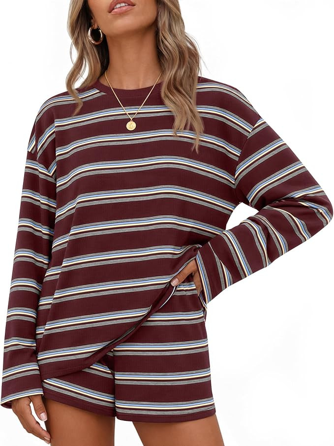 ZESICA Womens 2 Piece Striped Short Sets Fall Lounge Outfit | Long Sleeve Tops and Shorts, Loose ... | Amazon (US)