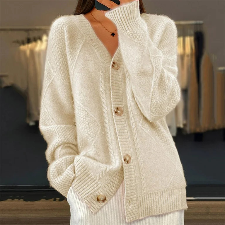 EchfiProm Womens Pullover Sweaters,Long Sleeve Beige Solid Color Cable Knit Casual V-neck Button ... | Walmart (US)