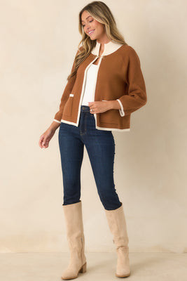 That Should Do It Brown Contrast Trim Horsebit Cardigan M / Brown | Red Dress