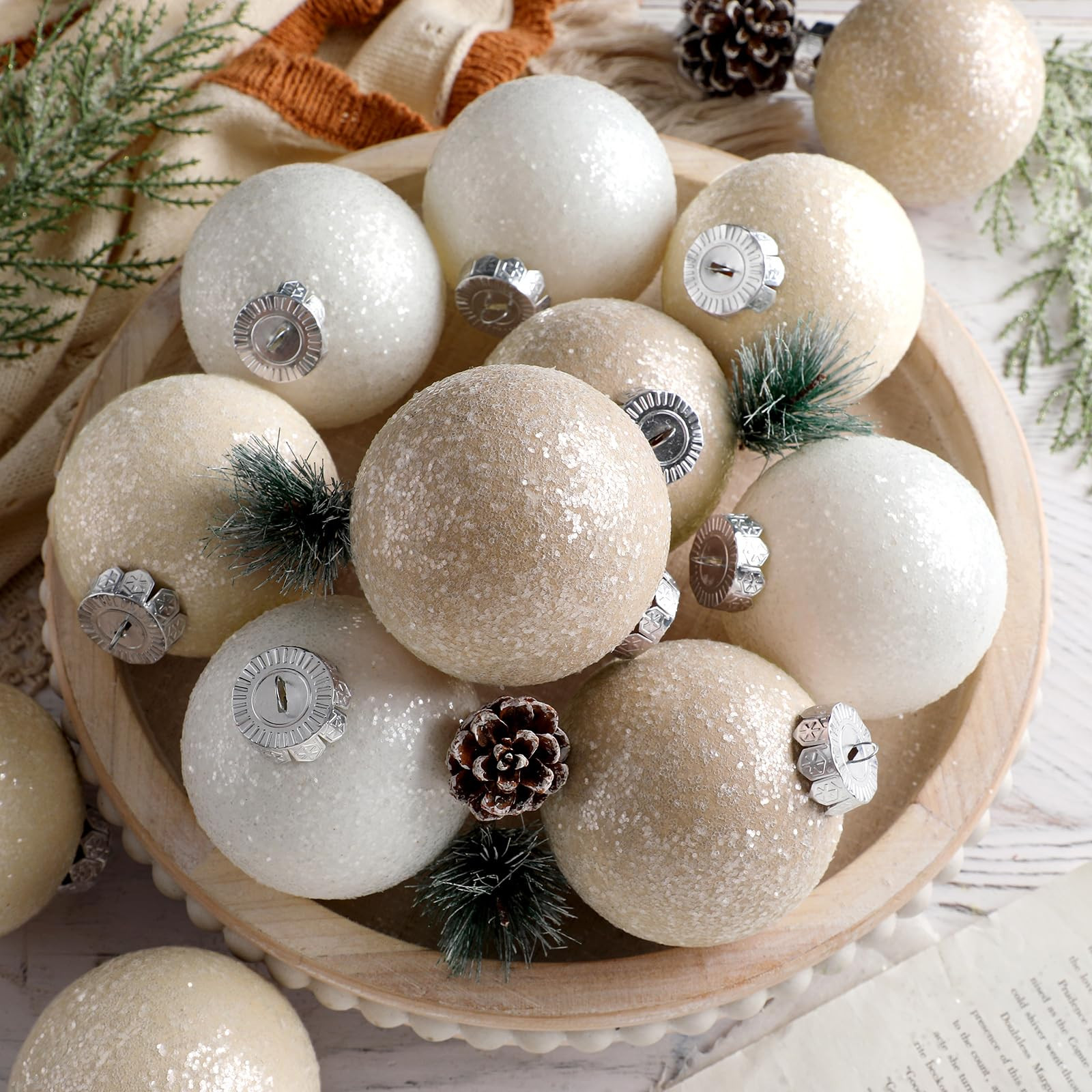 12 Pcs Neutral Textured Christmas Ball Ornaments 3.15 Inch Glitter Sugar Matte Cream Beige White ... | Amazon (US)