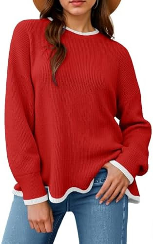 Saodimallsu Womens Contrast Color Pullover Sweaters Crewneck Knit Tops with Wave Hem Long Sleeve ... | Amazon (US)