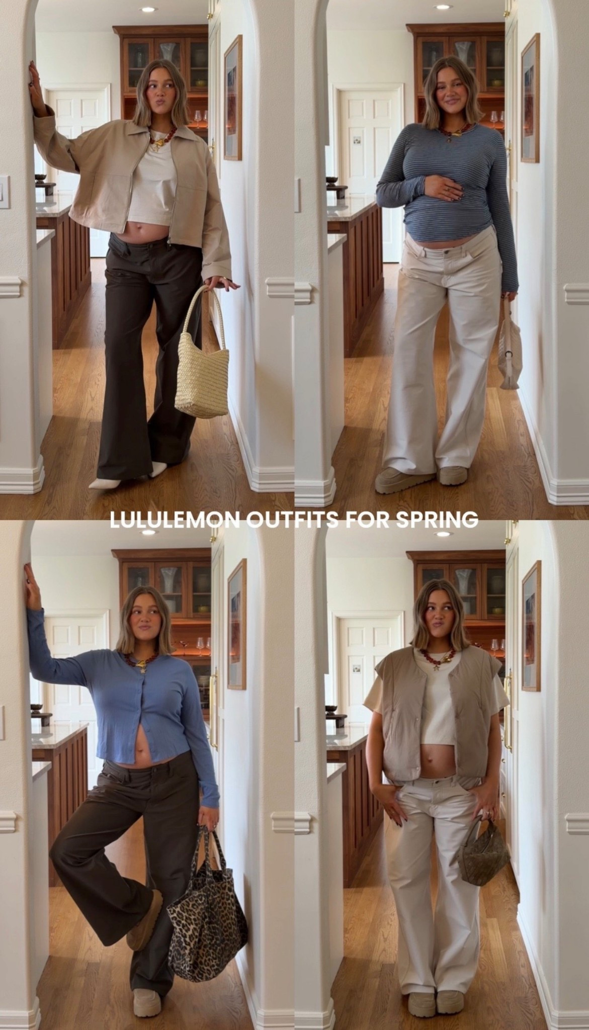 Sized up 2 in low rise pants for pregnancy, tops size 10, heels run true to size, jewelry code BRE15 🫶🏼🫶🏼 linked all the bags too!! 

#pregnancystyle #pregnant #lululemon #lowrise #bresheppard #shorthair #bumpstyle

