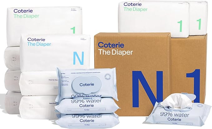 Coterie Baby Wipes Diapers Kit Size 1 198 Count 93 Count 224 Wipes 99% Water Plant Based Material... | Amazon (US)