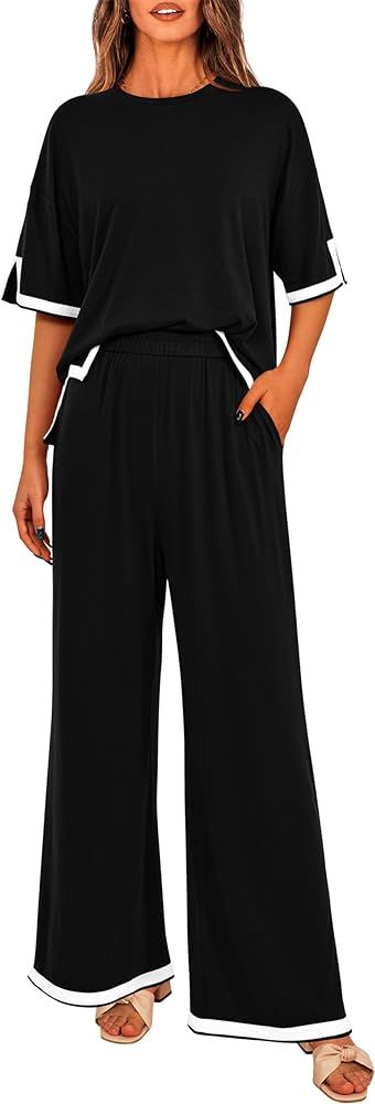 MASCOMODA Womens Summer 2 Piece Outfits Crewneck Short Sleeve Tops Wide Leg Long Pants Matching L... | Amazon (US)