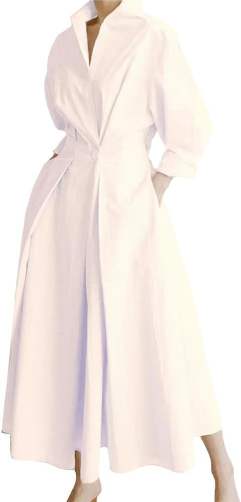 Women Maxi Polo Collar Shirt Dress Long Sleeve Elastic Button Waist Full Swing Casual Office Dres... | Amazon (US)