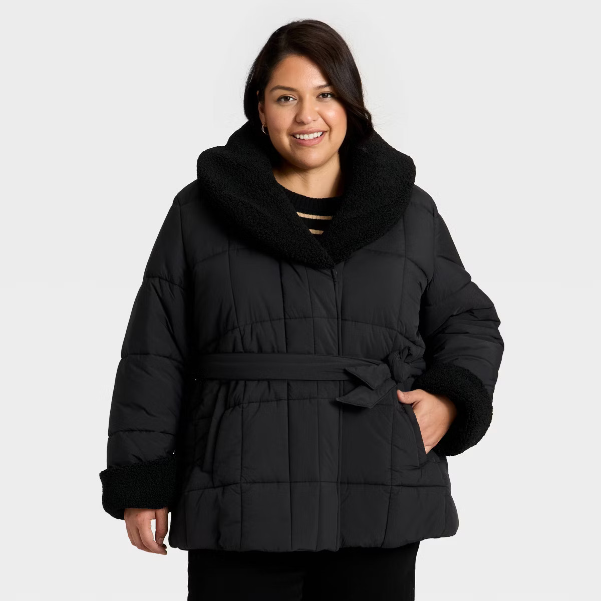 Women's Belted Faux Shearling Puffer Jacket - Ava & Viv™ | Target