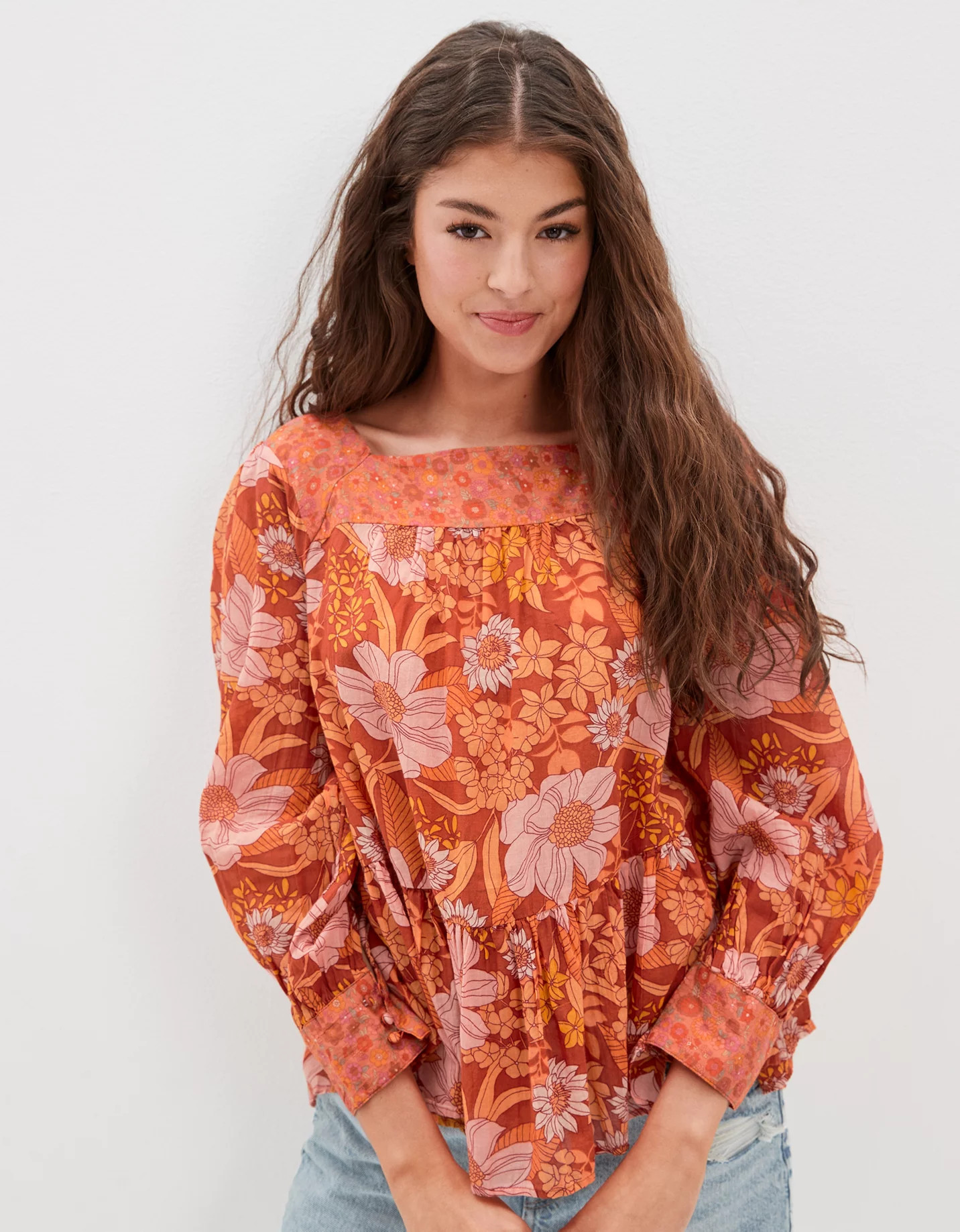 AE Oversized Square Neck Long-Sleeve Peasant Blouse | American Eagle Outfitters (US & CA)
