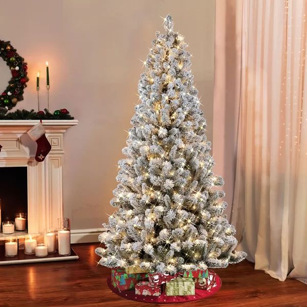 Flocked Virginia Pine 6.5' Green/White Pine Artificial Christmas Tree with 300 Clear/White Lights | Wayfair North America