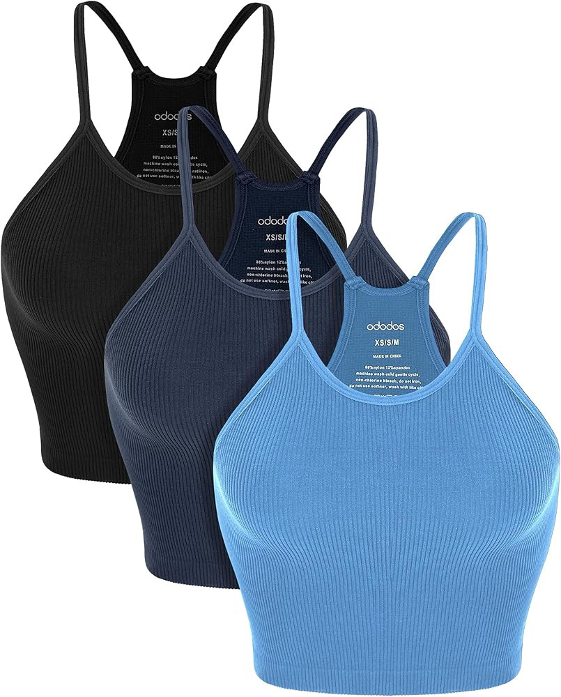 ODODOS Women's Crop 3-Pack Seamless Rib-Knit Camisole Crop Tank Tops | Amazon (US)