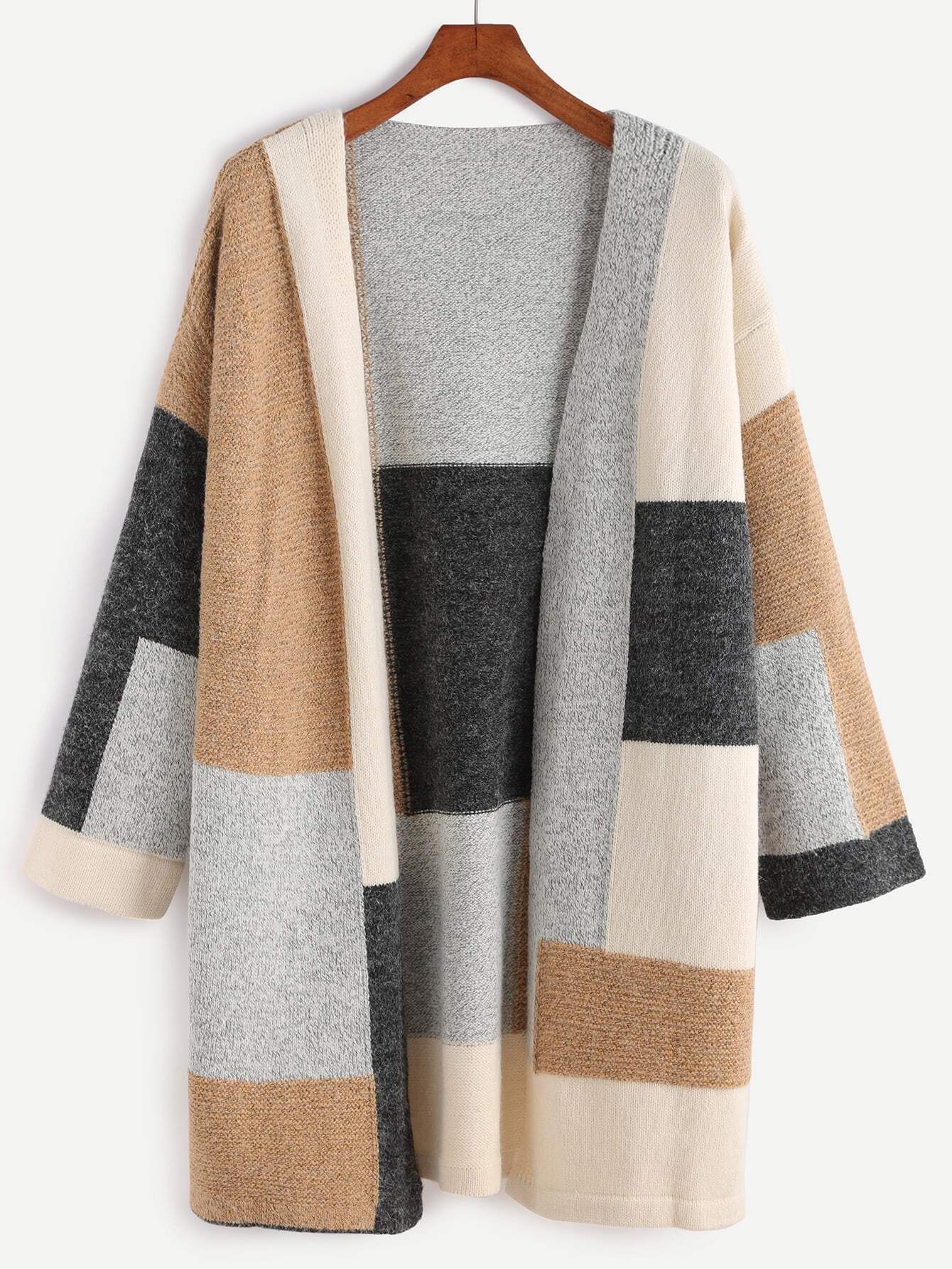 Color Block Drop Shoulder Open Front Sweater Coat | SHEIN
