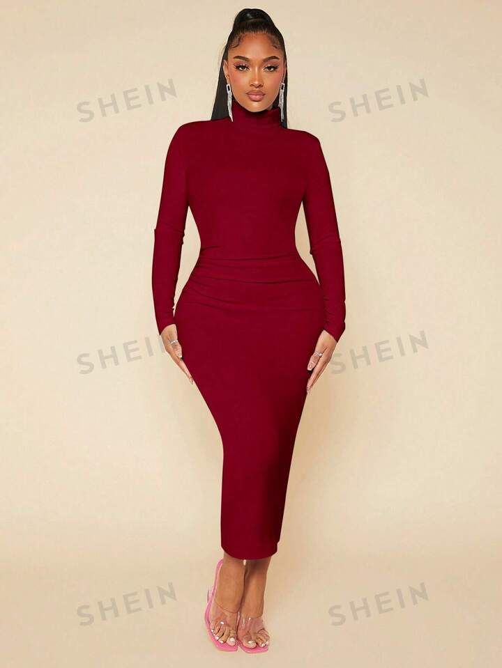 SHEIN SXY Mock Neck Solid Bodycon Dress | SHEIN