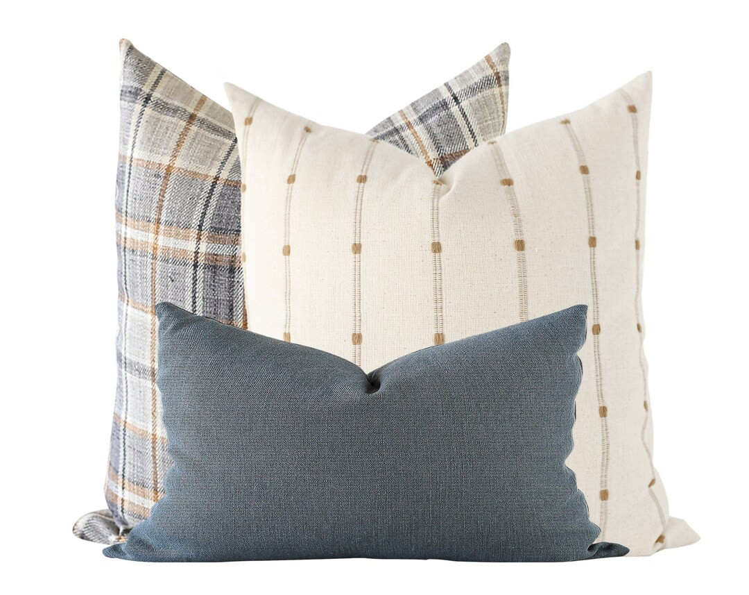 Plaid Pillow Combination Set, Blue Textured Pillow, Woven Pillow Covers, Neutral Pillow, Cotton P... | Etsy (US)