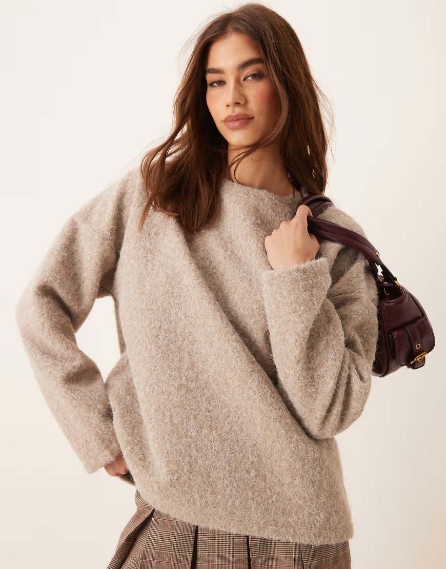 ASOS DESIGN heavyweight supersoft cut and sew crew neck sweater in beige-Brown | ASOS (Global)