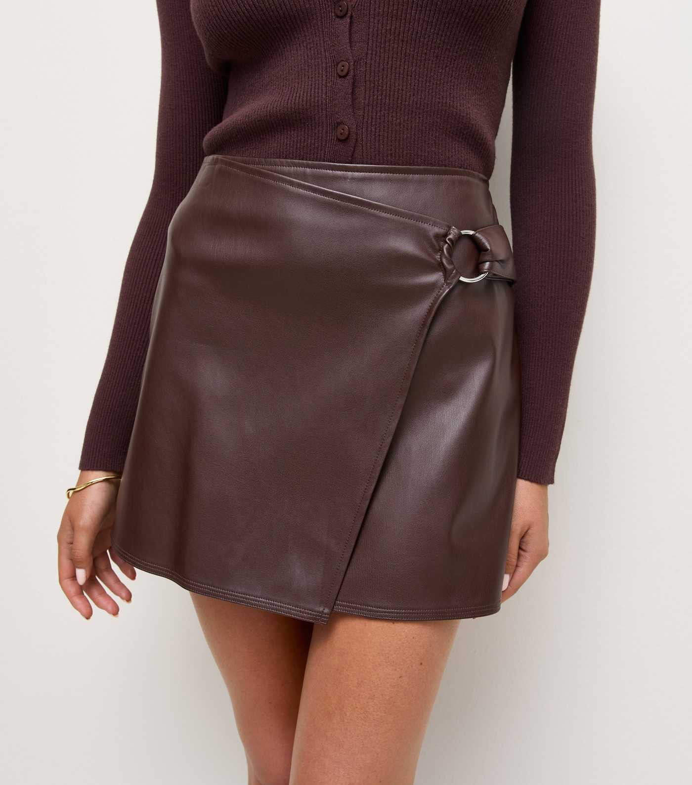 Dark Brown Faux Leather Hardware Detail Wrap Skort | New Look | New Look (UK)