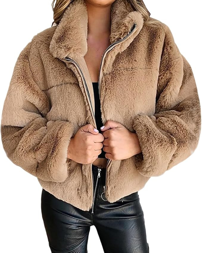 Womens Oversized Long Sleeve Faux Fur Zip Up Fuzzy Crop Winter Teddy Coat Thermal Short Fluffy Sh... | Amazon (US)