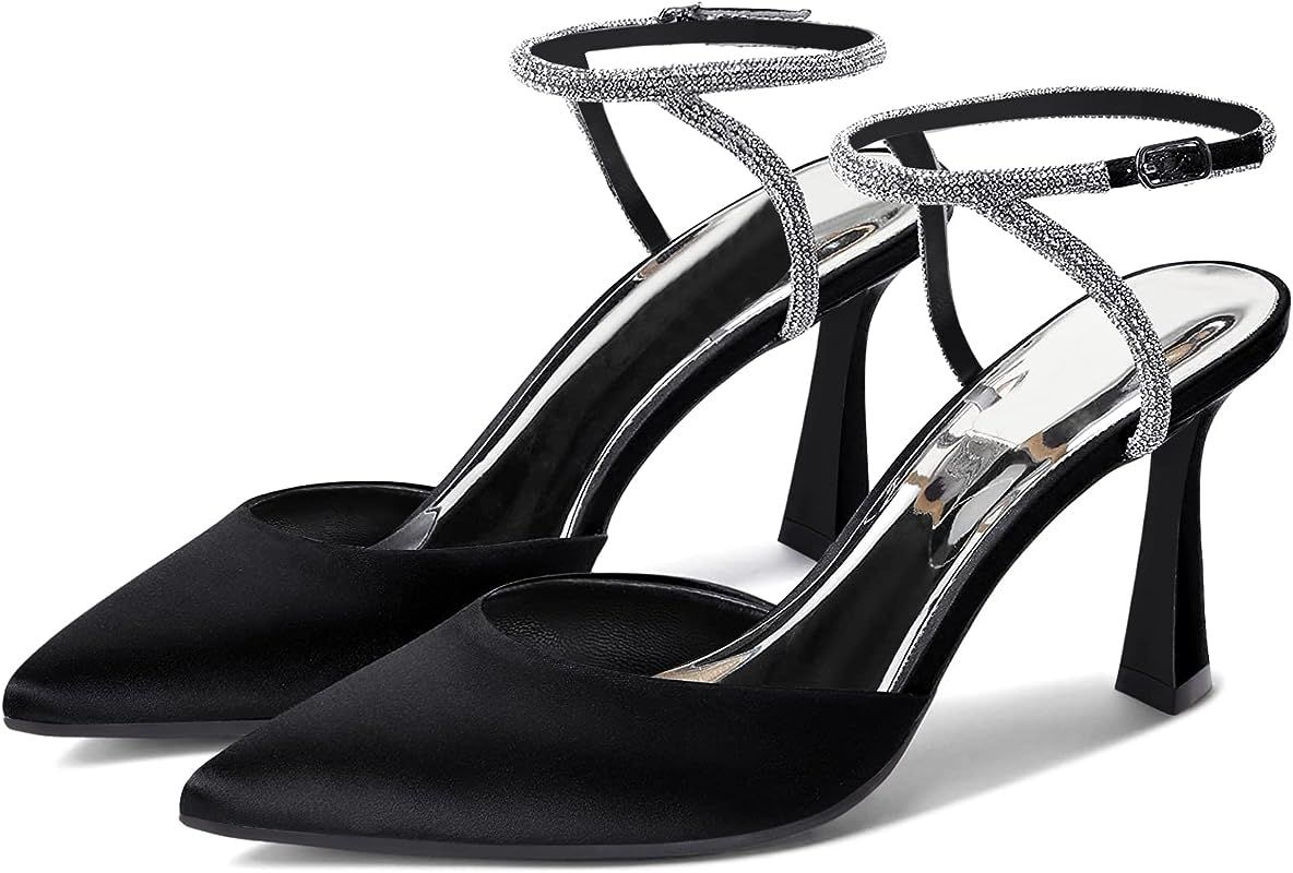 Coutgo Women Rhinestone Heels Kitten High Satin Pumps Pointed Toe Sparkly Sexy Wedding Dress Shoes | Amazon (US)