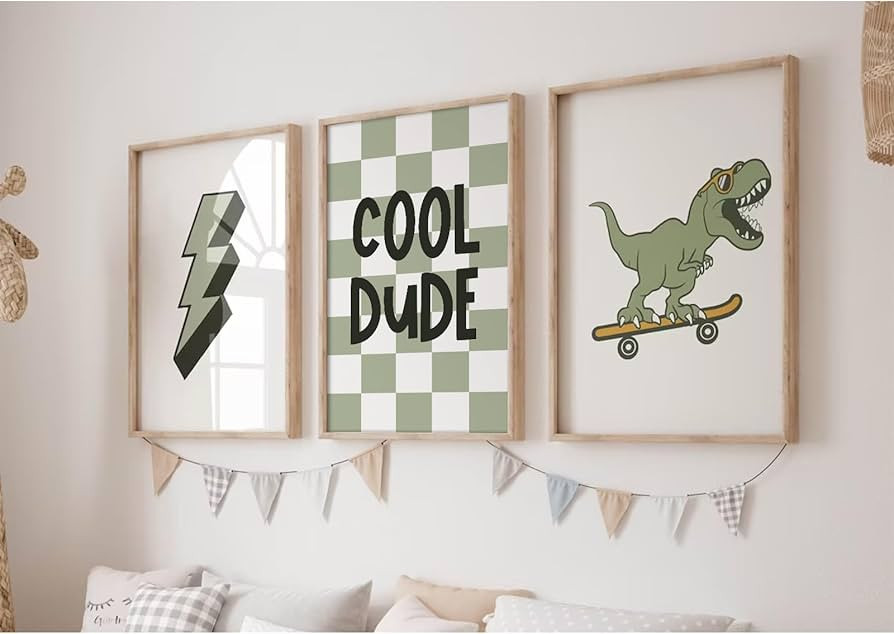 Nursery Dinosaur Wall Art Set of 3 Boys Room Canvas Decor Toddler Kids Art Prints Dinosaur Skateb... | Amazon (US)
