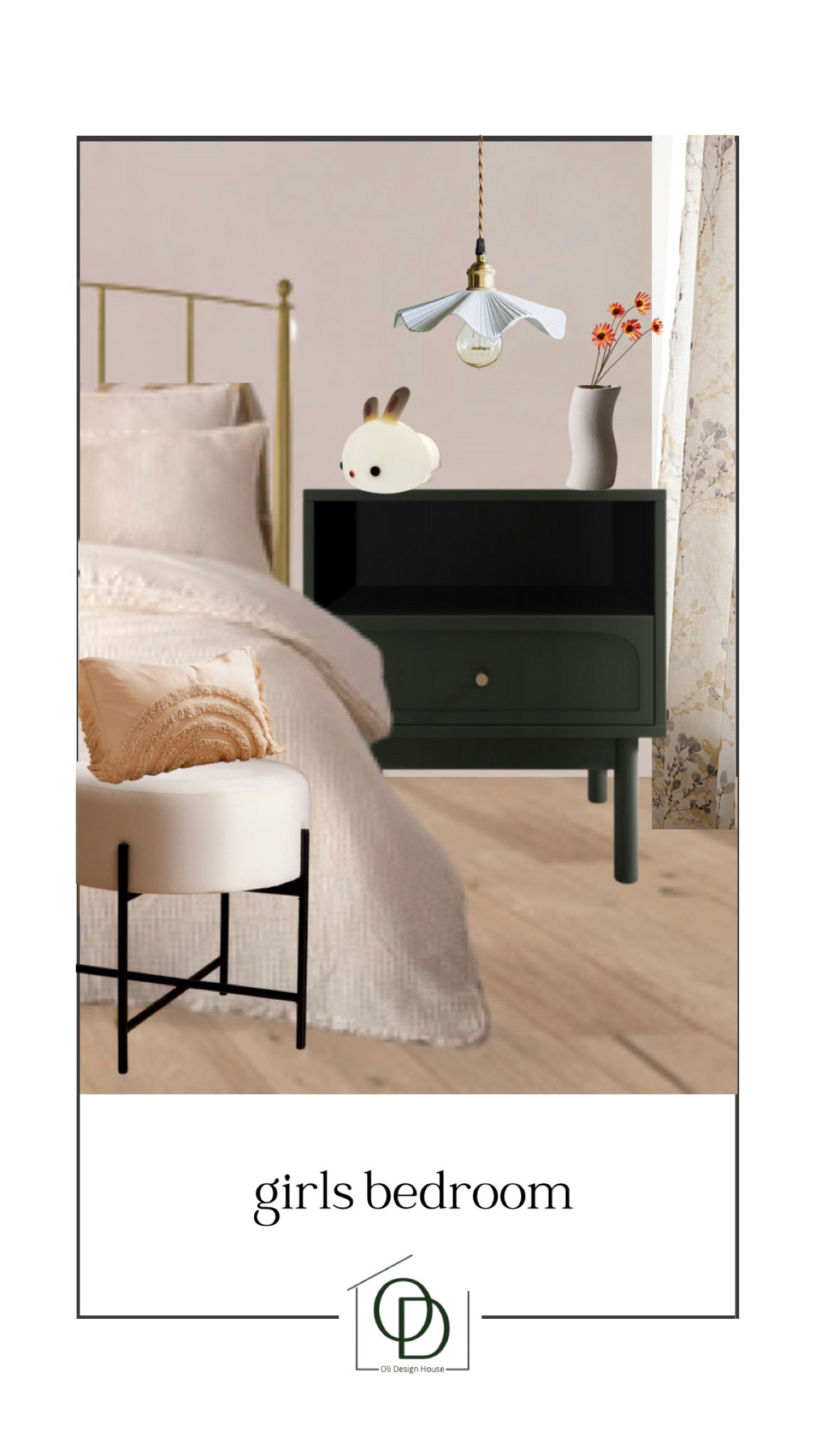 A girl’s bedroom Moodboard. 

Modern organic girls bedroom, kids bedroom, green nightstand, blush duvet cover set, faux florals, faux spring florals, light up bunny nightlight, velvet ottoman stool, floral sheet curtains, gold picket bed, scalloped single pendant light, sunset tufted pillow, rainbow tufted pillow, uneven shaped vase

#LTKstyletip #LTKhome #LTKFind