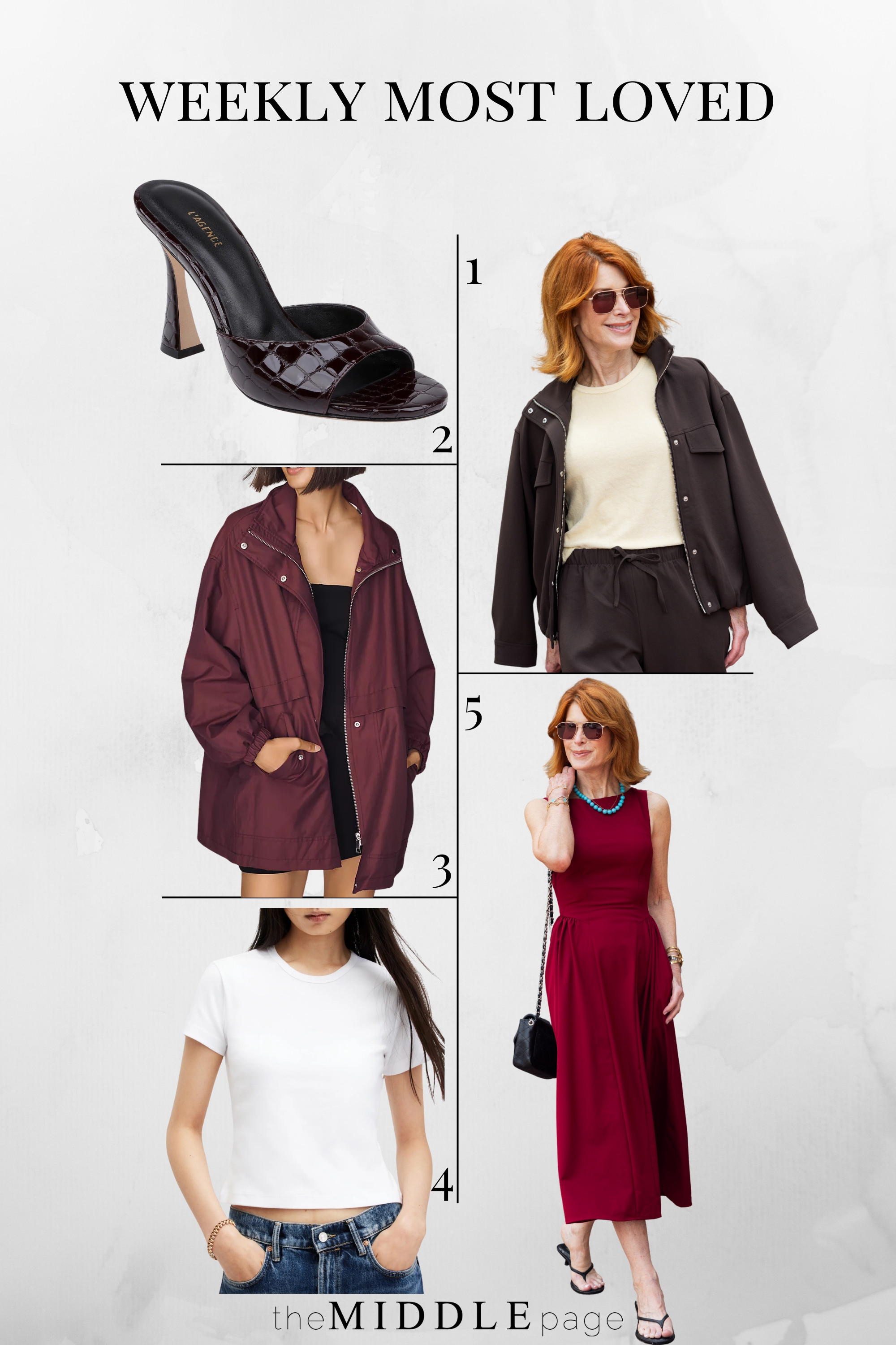 These are the top 5 weekly most loved pieces, and they are perfect for easing into fall outfits women are already searching for — a lightweight jacket, polished slide sandals, a red tech jacket, classic white tee, and an under-$100 wine maxi dress. So many easy finds for teacher outfits, work outfits, date night outfits, and summer-to-fall style. 

 #LTKmostloved #LTKOver40 #FallOutfits #WorkOutfits #DateNightOutfits