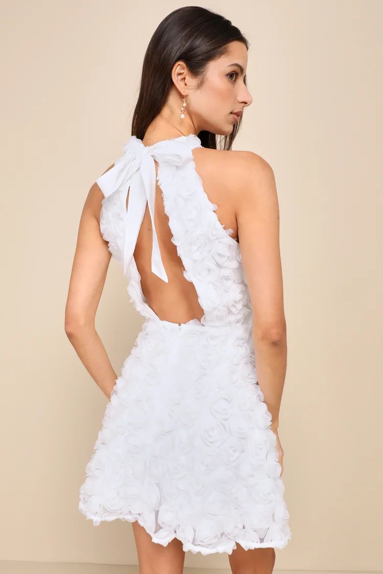 Beloved Blossoming White 3D Floral Halter Backless Mini Dress | Lulus