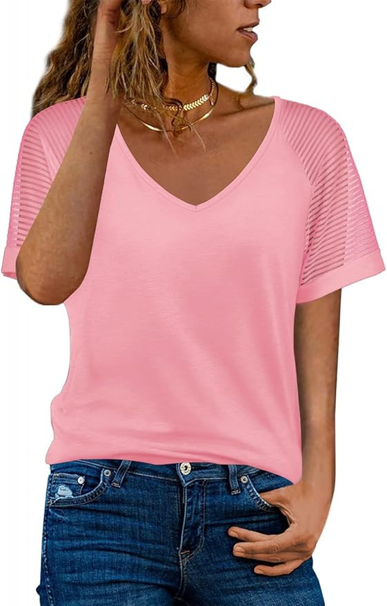 WEESO Casual V Neck T Shirts for Women Mesh Short Sleeve Dressy Tops | Amazon (US)