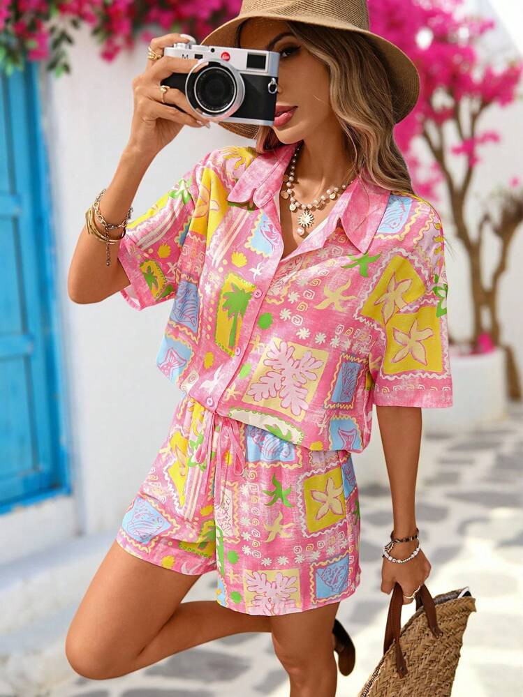 Vivid Eden 2pcs Women Summer Vacation Colorful Print Short Sleeve Shirt And Shorts Set, Bohemian,... | SHEIN