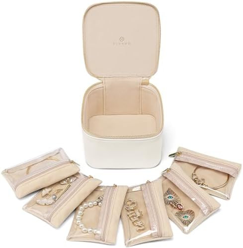 VLANDO Travel Jewelry Organizer Case with 6 Clear Velvet Zipper Pouches, Faux Leather Jewelry Sto... | Amazon (US)