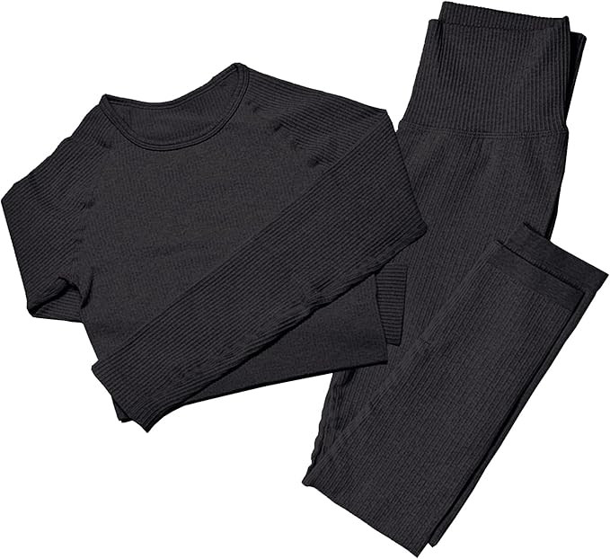 Mayround Seamless Women Yoga Sets 2 Pieces Ribbed | Long Sleeve Top and High Waist Leggings Gym C... | Amazon (UK)