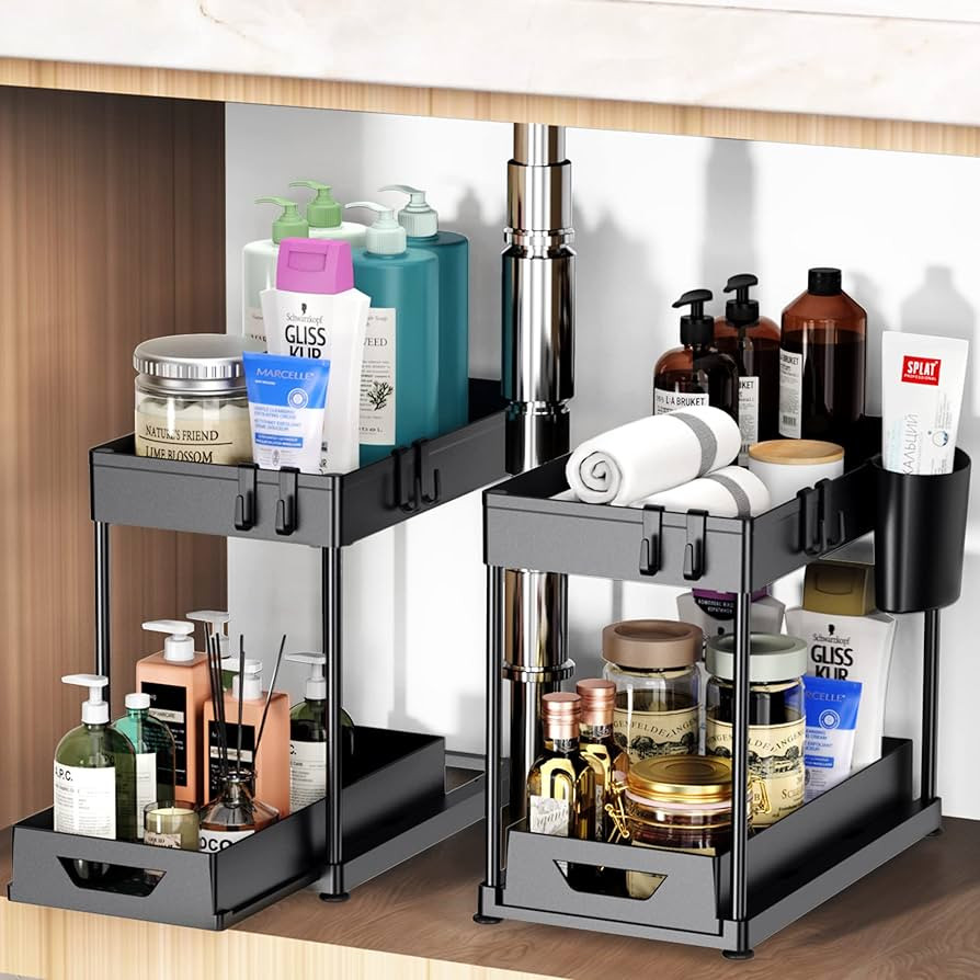 Fkprorjv Under Sink Organizers and Storage, 2 Pack Kitchen Bathroom Sink Organizer with Hooks, 2 ... | Amazon (US)