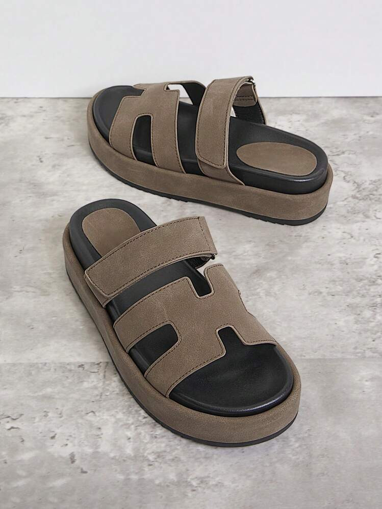 SHUZIA Superventas De Todos Los Tiempos: Sandalias Deslizantes De Plataforma Con Abertura Y Punta Abierta De Lujo Para Mujer, Color Taupe - Calzado De Primavera Esencial Y Cómodo, Con Efecto De Tiras Y De Fácil Colocación | SHEIN