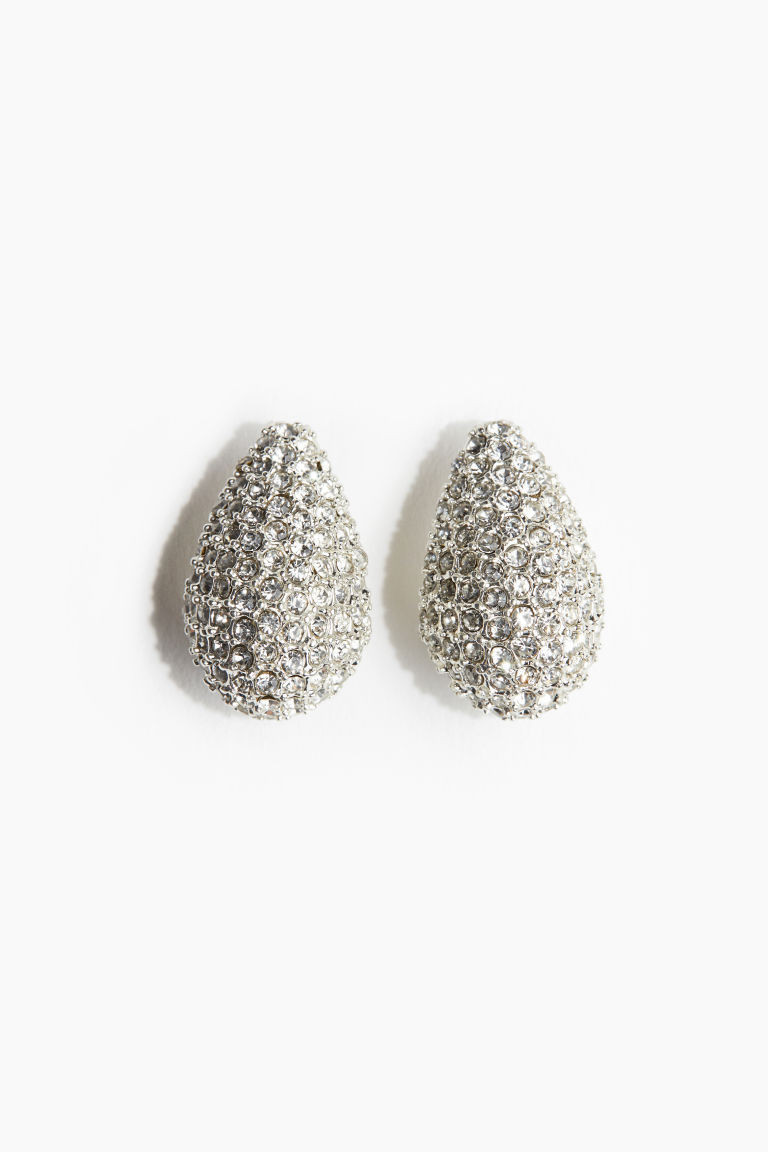 H & M - Rhinestone-decorated dome earrings - Silver | H&M (UK, MY, IN, SG, PH, TW, HK)