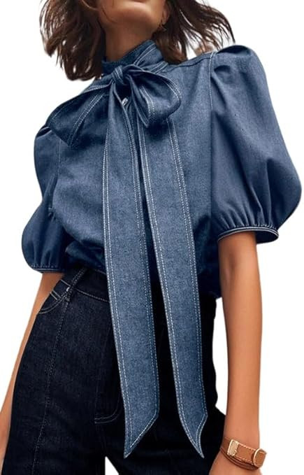 oshoplive Women's Short Puff Sleeve Bow Tie Neck Denim Shirt Button Down Casual Office Work Blous... | Amazon (US)