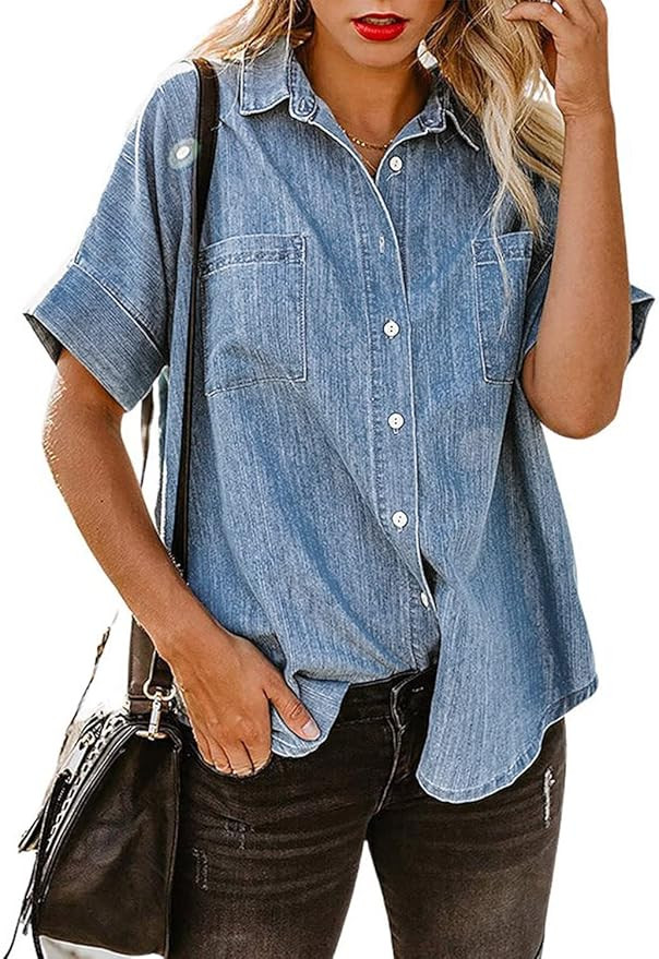 utcoco Women's Button Down Denim Shirt Casual Loose Short Sleeve Jean Shirts Tops with Pockets | Amazon (US)