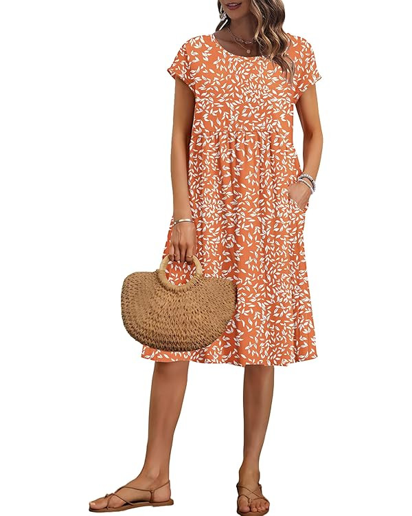 WNEEDU Women Summer Dresses Short Sleeve Knee-Length Round Neck Loose Dress | Amazon (CA)