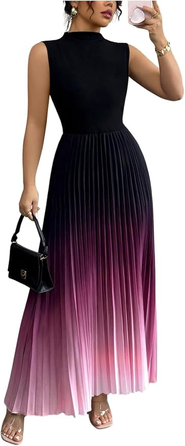 Milumia Women's Ombre Pleated Sleeveless Maxi Dress Elegant Mock Neck Cocktail Party Long Dresses | Amazon (US)