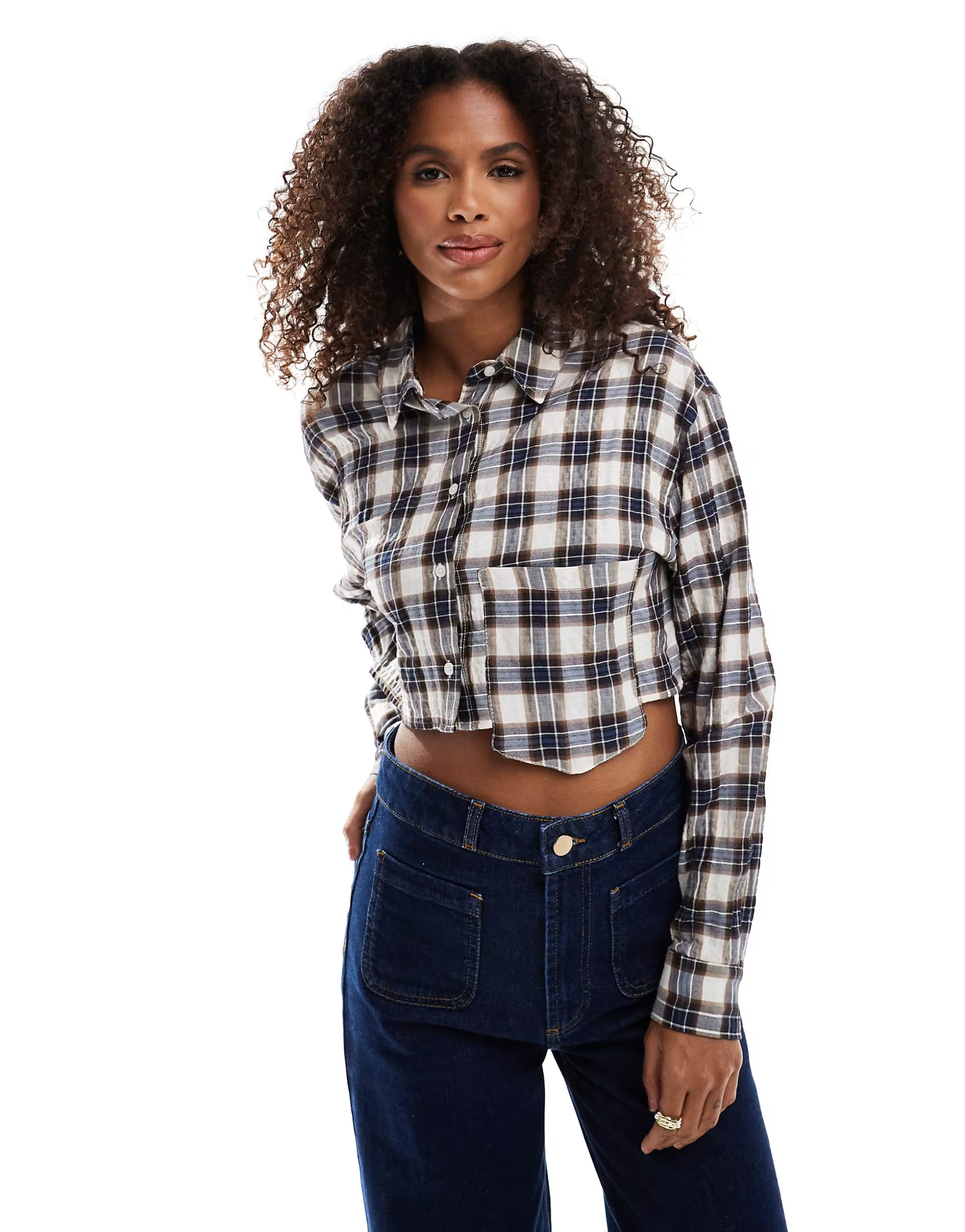 Pull&Bear cropped check shirt in brown | ASOS (Global)