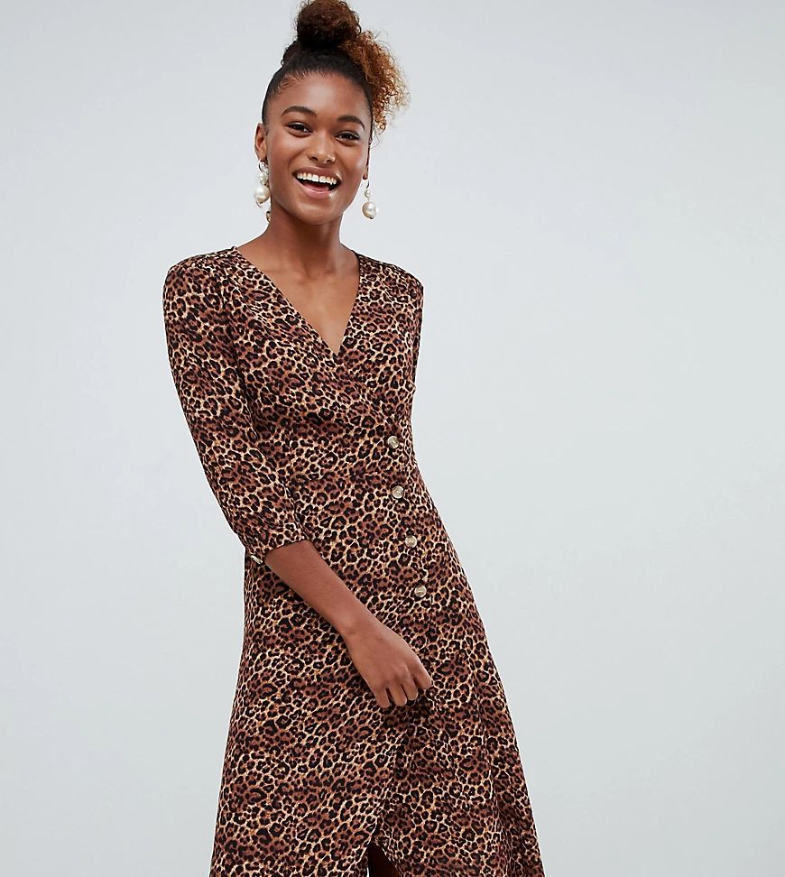 Monki leopard print wrap dress with buttons in brown | ASOS (Global)