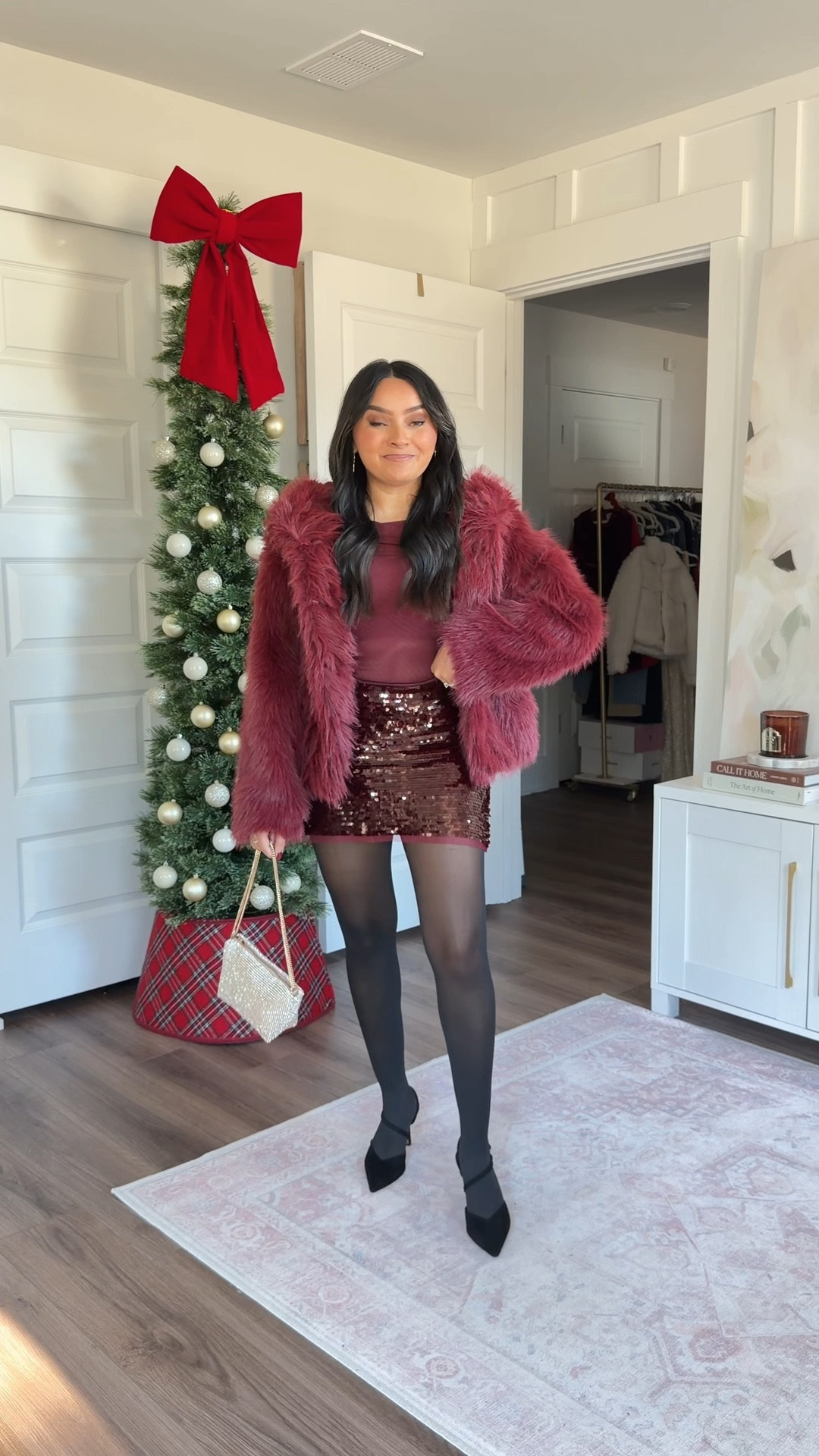 Burgundy off the shoulder top size xs TTS
Burgundy sequin skirt size xs TTS
Burgundy faux fur jacket size xxs TTS
Black tights size small TTS
Black heels size 5 TTS

#LTKPetite #LTKHoliday #LTKFindsUnder50