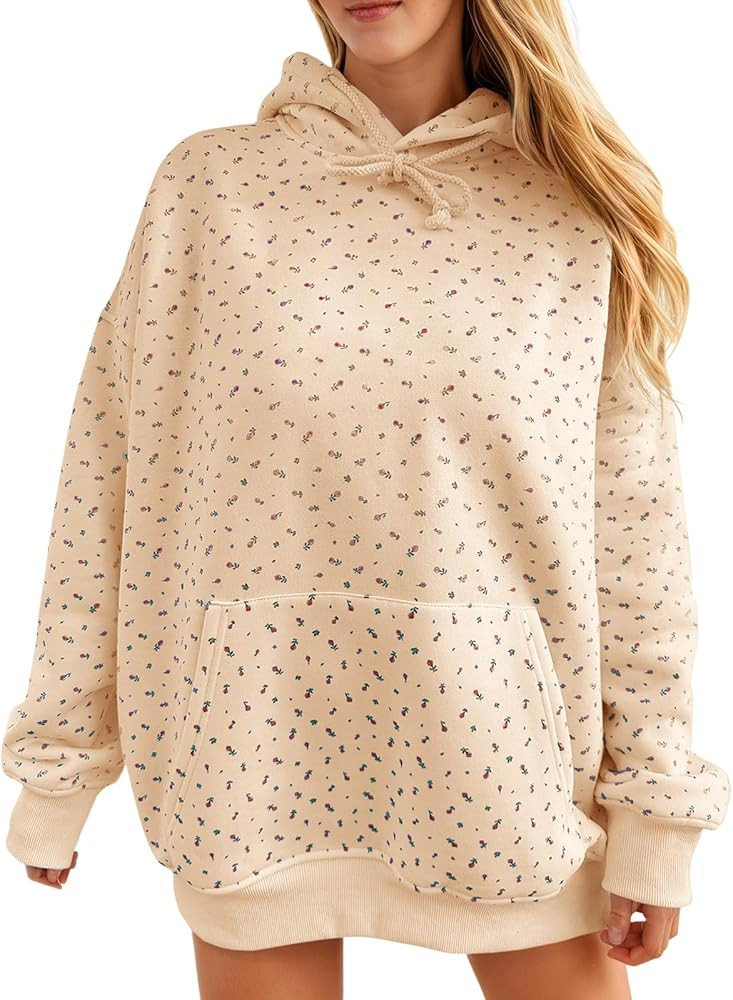 Fisoew Womens Hoodies Oversized Floral Sweatshirts Casual Long Sleeve Pullover Loose Fit Drawstri... | Amazon (US)