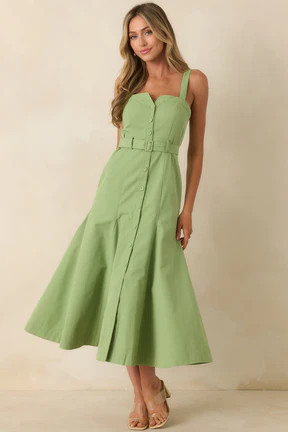 ASTR The Label McKinley Green Cotton Blend Belted Midi Dress | Red Dress