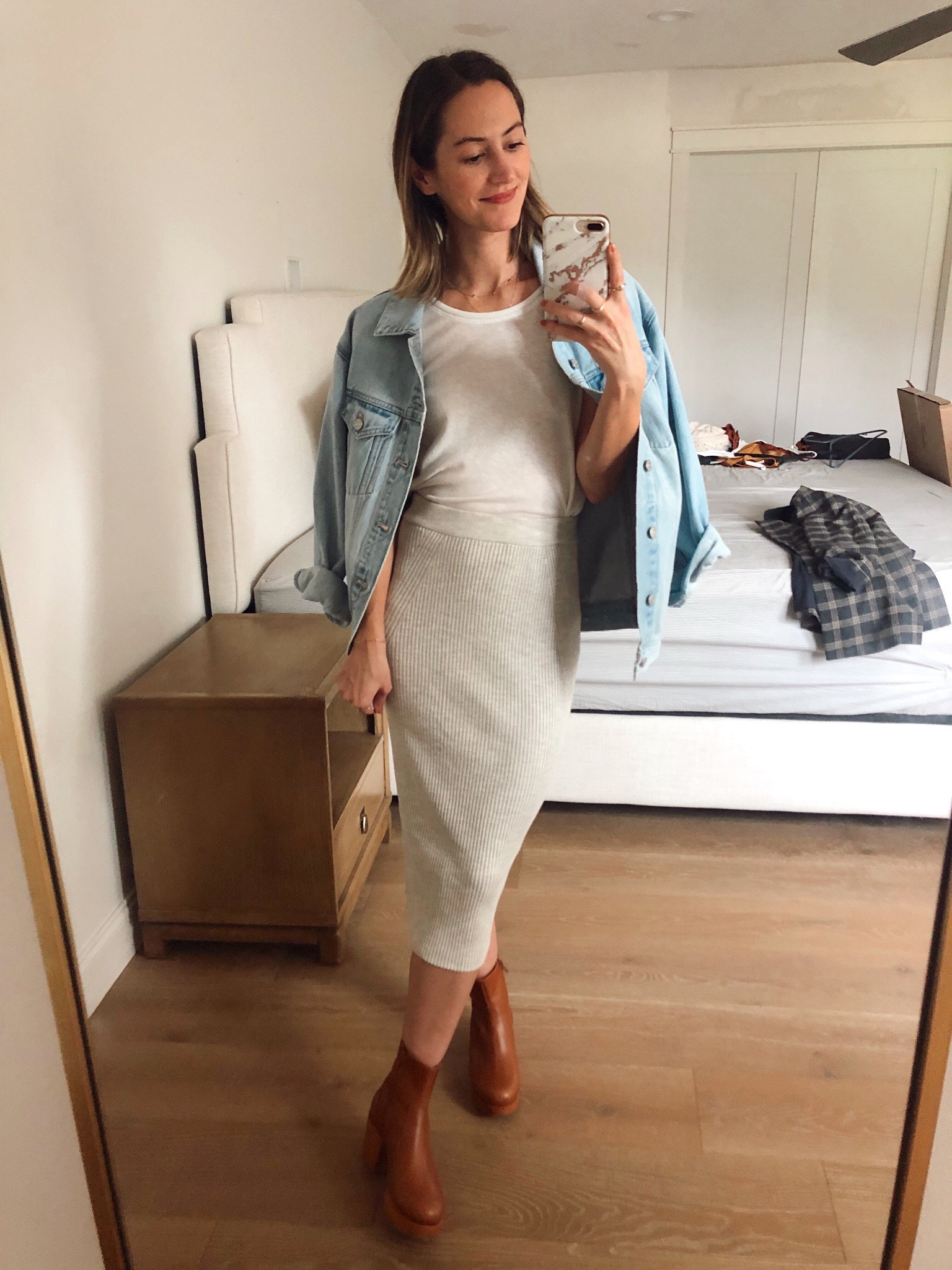 I have to laugh at the messy/unfinished reno room🤣y’all were are surviving not thriving over here!😂But this skirt tho! CUTE! Wearing XS, also part of the Abercrombie sale via the LTK app (25% off through Monday). XS in jacket (40% off right now, it’s the best🙌). 

#LTKxAF #LTKsalealert #LTKunder100