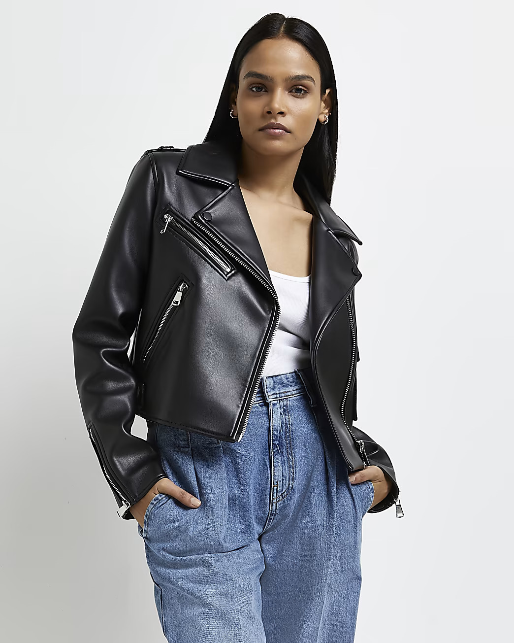 Black faux leather biker jacket | River Island (UK & IE)