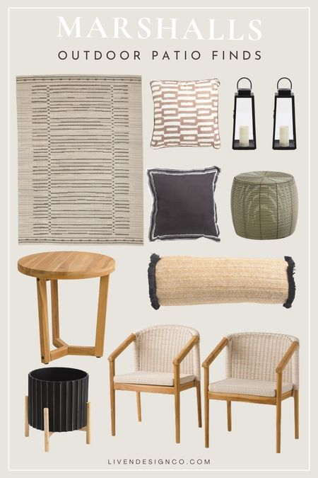 Marshalls outdoor patio. Patio furniture. Outdoor patio decor. Home decor. Outdoor rug. Neutral patio. Outdoor throw pillows. Woven jute pillow. Outdoor side table. Outdoor lanterns. Black and white patio. Outdoor planter. Footed planter. Outdoor woven ottoman. Woven patio chairs. 

#LTKSeasonal #LTKhome #LTKfindsunder100