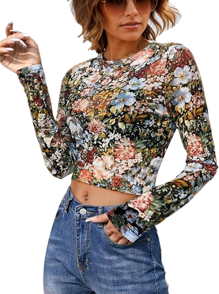 Women Mesh Crop Top Long Sleeve See Through Shirt Sheer Blouse Clubwear S-2XL | Amazon (US)