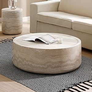 Round Coffee Table, 39.37” Modern Tea Faux Travertine Textured Table Fiberglass Side Table End ... | Amazon (US)