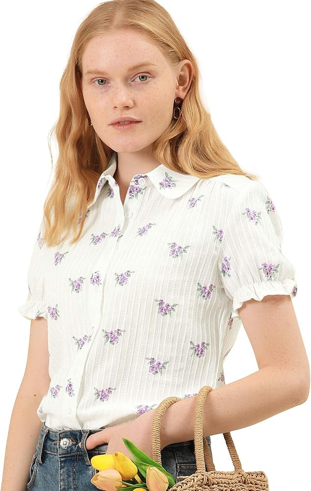 Allegra K Women's Short Sleeve Frilled Cotton Floral Peter Pan Blouse | Amazon (US)