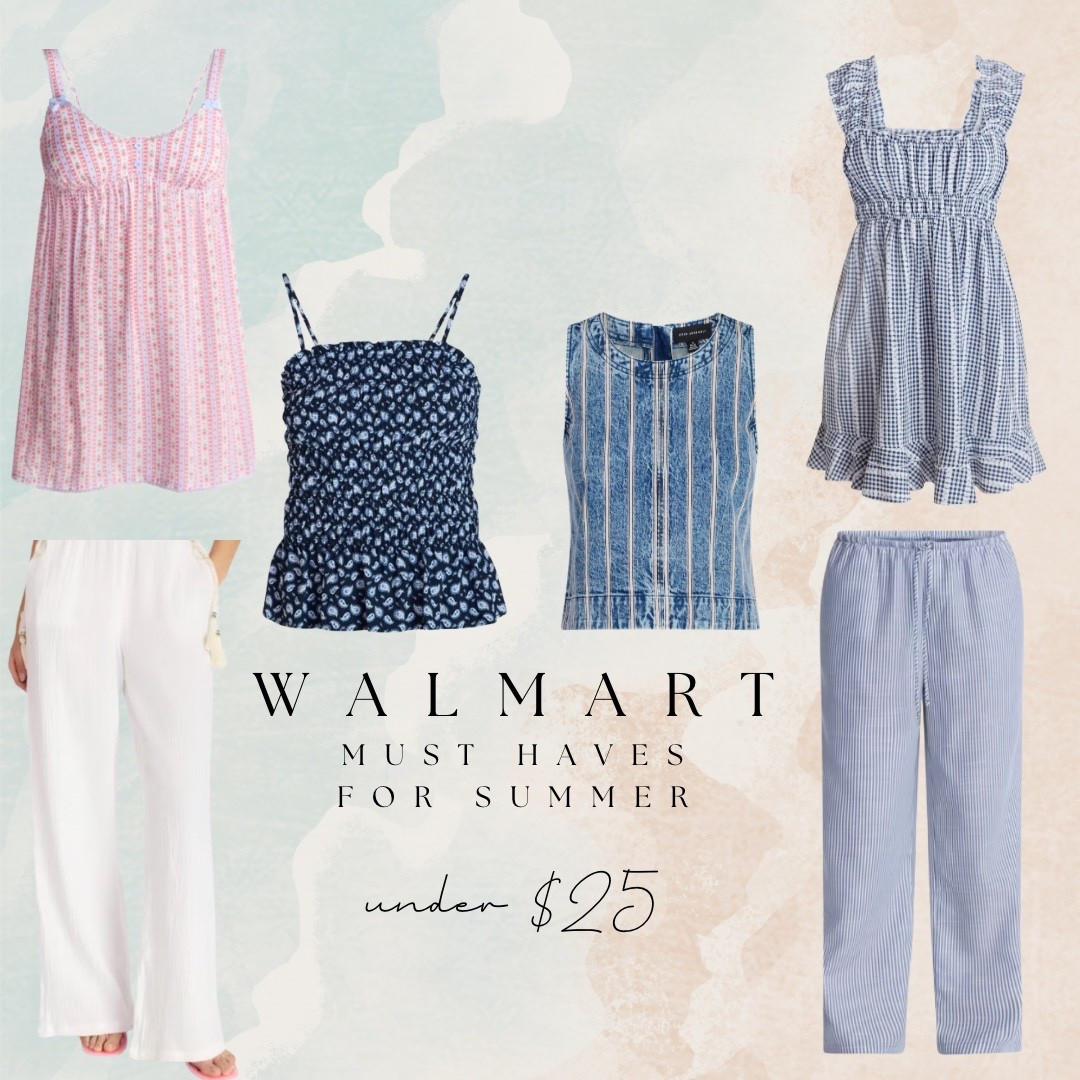 Walmart summer finds and every piece is under $25 🌸 Pink floral cami, navy smocked top, denim striped sleeveless top, blue gingham ruffle dress, white wide-leg linen pants, and blue striped wide-leg pants — all budget friendly and so incredibly cute. Everything is linked right here!

#LTKTall #LTKootd
