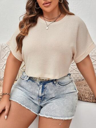 SHEIN VCAY Plus Solid Batwing Sleeve Waffle Knit Tee | SHEIN