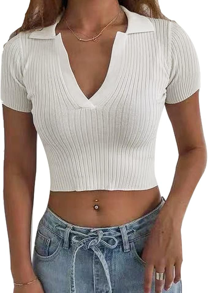 Hyipels Women's Short Sleeve Polo Crop Top,Summer Female Collared Shirt Knit Ribbed Sexy Slim Fit... | Amazon (US)